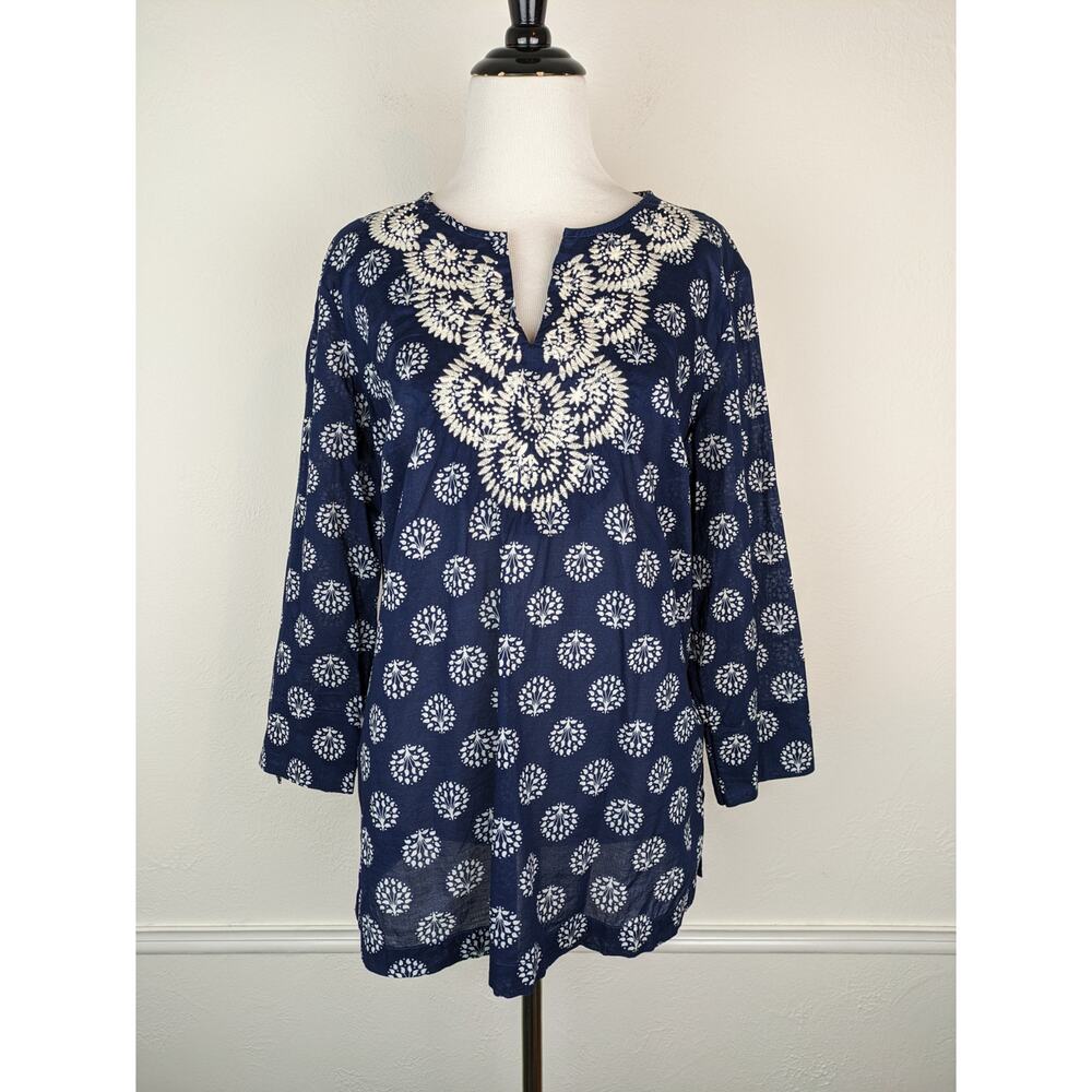 Talbots Top Embroidered Beaded Floral Boho Coastal Cotton Spring Summer Size M